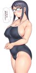 1girl black_hair blush breasts competition_school_swimsuit covered_nipples curvy glasses highres houkago_teibou_nisshi jimiko large_breasts long_hair oono_makoto opaque_glasses orizen plump school_swimsuit sidelocks swimsuit translation_request white_background 