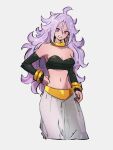  1girl ahoge android_21 black_tube_top bracelet breasts detached_sleeves dragon_ball dragon_ball_fighterz gold grey_background grin hand_on_hip jewelry kemachiku light_purple_hair long_hair looking_at_viewer majin_android_21 messy_hair navel pants red_eyes simple_background smile solo strapless tube_top white_pants 