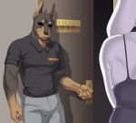  absurd_res anthro boss_monster bottomwear bovid canid canine canis caprine cervina7_(artist) clothing dobermann domestic_dog door dress duo empty_eyes english_text female floppy_ears gloves_(marking) goat hi_res male mammal markings multicolored_body pants pinscher shirt smile text topwear toriel two_tone_body undertale undertale_(series) video_games white_body 