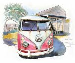  2019 artist_name car ground_vehicle headlight house motor_vehicle no_humans original painting_(medium) palm_tree solo traditional_media tree vehicle_focus vehicle_name volkswagen volkswagen_type_2 wada_takayoshi watercolor_(medium) 