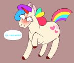  absurd_res amity_(artist) blush equid equine female feral hair hi_res horn mammal multicolored_hair rainbow_hair raincorn_(telegram) simple_background solo standing telegram_sticker text translation_request unicorn 