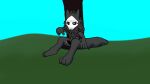  anthro black_penis bodily_fluids canid canine canis changed_(video_game) cum genital_fluids genitals gesture goo_creature hi_res justapuroyiffenjoyer knot latex_creature leaning_on_object looking_at_viewer male mammal penis pointing pointing_at_penis puro_(changed) sitting solo wolf 
