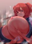  1girl absurdres blurry breast_hold breasts cleavage commentary_request commission depth_of_field gigantic_breasts gomeifuku highres looking_at_viewer multiple_sources nipples one_breast_out onozuka_komachi open_mouth red_eyes red_hair skeb_commission solo sweat touhou translation_request upper_body 