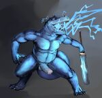  anthro art_wumpus belly bodily_fluids claws digitigrade erection fantasy hi_res kobold male melee_weapon nude reptile scalie solo sweat sword weapon 