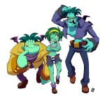  1girl 2boys abner_cadaver bat_wings belt colored_skin earrings full_body glasses green_hair green_skin highres jacket jewelry long_sleeves multiple_boys one_eye_closed open_mouth pants poe_(shantae) red_eyes rottytops shantae_(series) short_hair shorts simple_background skull skull_earrings stitches sweater tank_top thehelmet_guy walking white_background wings 