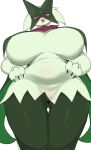  absurd_res anthro big_breasts breasts cham22 claws female generation_9_pokemon green_body hand_on_hip hi_res huge_breasts looking_at_viewer meowscarada nintendo nude open_mouth pokemon pokemon_(species) red_eyes solo thick_thighs thigh_gap video_games wide_hips 