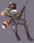  african_wild_dog anthro assault_rifle big_breasts boots breasts bulge canid canine cleavage clothed clothing dreadlocks ear_piercing earpiece facial_piercing footwear gloves gun gynomorph handgun handwear hi_res holster intersex jordan knee_pads mammal mercenary nose_piercing piercing ranged_weapon rifle sitting solo torn_clothing weapon wmdiscovery93 