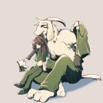  1:1 3_toes anthro asriel_dreemurr asriel_dreemurr_(god_form) barefoot black_sclera blush book bottomwear bovid brown_hair caprine chara_(undertale) clothed clothing clothing_lift duo feet female footwear fur goat hair holding_book holding_object horn human larger_anthro male male/female male_anthro mammal midriff monster navel pants red_eyes shirt shirt_in_mouth shirt_lift shoes short_tail simple_background sitting sitting_on_ground size_difference smaller_human toes topless topless_male topwear undertale undertale_(series) undressing video_games white_body white_fur y_r_k_4 