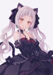  1girl animal_ears bangs blunt_bangs cat_ears cat_tail dress frilled_dress frilled_ribbon frills fukahire_(ruinon) grey_hair hair_ribbon hand_on_own_face hololive looking_at_viewer murasaki_shion ribbon simple_background smile solo tail twintails virtual_youtuber white_background yellow_eyes 
