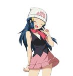  1girl :d beanie black_shirt blush bracelet closed_eyes commentary_request cowboy_shot dawn_(pokemon) eyelashes hair_ornament hairclip hand_up hat index_finger_raised jewelry long_hair open_mouth pokemon pokemon_(game) pokemon_dppt scarf shirt skirt sleeveless sleeveless_shirt smile solo suitenan transparent_background white_headwear 