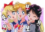  3girls aino_minako apple-boy bishoujo_senshi_sailor_moon blue_eyes blue_sailor_collar bow earrings heart heart-shaped_pupils highres hino_rei jewelry multiple_girls one_eye_closed open_mouth purple_hair red_bow retro_artstyle sailor_collar school_uniform symbol-shaped_pupils tsukino_usagi v 