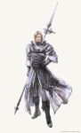  1boy blonde_hair boots copyright dion_lesage final_fantasy final_fantasy_xvi full_body hand_on_hip highres holding holding_polearm holding_weapon medium_hair official_art polearm simple_background solo spear square_enix takahashi_kazuya weapon white_background 