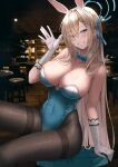  1girl animal_ears asuna_(blue_archive) asuna_(bunny)_(blue_archive) bangs bar_(place) bar_stool bare_shoulders black_pantyhose blue_archive blue_bodysuit blue_eyes blue_ribbon blush bodysuit breasts closed_mouth covered_navel detached_collar elbow_gloves gloves hair_between_eyes hair_ribbon highres large_breasts light_brown_hair lkeris looking_at_viewer mole mole_on_breast pantyhose playboy_bunny rabbit_ears ribbon sitting smile solo stool teeth thigh_strap thighs upper_body white_gloves 