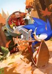  2boys absurdres angry animal_nose autumn_leaves dr._eggman facial_hair forest glasses gloves green_eyes grin highres jacket mecha multiple_boys mustache nature red_jacket robot running salute sky smile sonic_(series) sonic_the_hedgehog thehelmet_guy two-finger_salute white_gloves 
