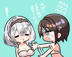  2girls :&gt; afterimage ark_survival_evolved bandeau black_hair blood blood_from_mouth braid breasts cleavage closed_eyes crying flying_sweatdrops grey_hair hairband hololive large_breasts mashiro_miru medium_breasts mole mole_on_breast motion_lines multiple_girls oozora_subaru shirogane_noel short_hair smile streaming_tears tears translation_request virtual_youtuber wavy_mouth zzz 