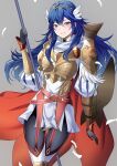  1girl ameno_(a_meno0) armor armored_dress bangs belt black_gloves black_pantyhose blue_eyes blue_hair blush boots breastplate cape closed_mouth crossed_belts dress feathers fire_emblem fire_emblem_awakening fire_emblem_heroes gloves grey_background hair_between_eyes hair_ornament holding holding_polearm holding_weapon lips long_hair looking_at_viewer lucina_(fire_emblem) official_alternate_costume pantyhose pink_lips polearm red_belt red_cape shoulder_armor simple_background smile solo spear tiara two-tone_cape weapon white_armor white_cape white_footwear winged_hair_ornament 