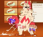  anthro balls bodily_fluids claws cum cum_on_balls cum_on_ground cum_on_hand cum_on_self cumshot ejaculation food fur generation_3_pokemon genital_fluids genitals keeb male nintendo penis pokemon pokemon_(species) red_body red_fur solo tan_body tan_fur tongue tongue_out video_games zangoose 