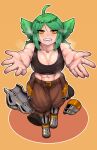  1girl abs ahoge animal_ears armor armored_boots bare_arms black_tank_top blush boots breasts collarbone commission full_body green_hair gremlin_(monster_girl_encyclopedia) highres looking_at_viewer midriff monster_girl_encyclopedia muscular muscular_female navel niandni orange_eyes outstretched_arms pants sidelocks solo standing sweat tank_top teeth 