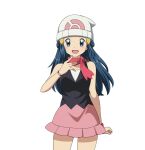  1girl :d beanie black_shirt blush bracelet commentary_request cowboy_shot dawn_(pokemon) eyelashes grey_eyes hair_ornament hairclip hand_up hat jewelry long_hair looking_at_viewer open_mouth pokemon pokemon_(game) pokemon_dppt scarf shirt skirt sleeveless sleeveless_shirt smile solo suitenan transparent_background white_headwear 