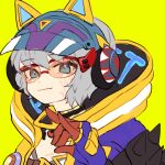  1girl animal_ear_headphones animal_ears animification apex_legends blue_eyes cat_ear_headphones fake_animal_ears fox_shadow_puppet gloves grey_hair headphones hood hood_down looking_at_viewer official_alternate_costume orange-tinted_eyewear purple_gloves riku_(ururi7610) scar scar_on_cheek scar_on_face short_hair shoulder_spikes simple_background sketch smile solo spikes sunglasses thunder_kitty_wattson tinted_eyewear wattson_(apex_legends) yellow_background 