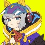  1girl animal_ear_headphones animal_ears animification apex_legends blue_eyes cat_ear_headphones fake_animal_ears fox_shadow_puppet gloves grey_hair headphones hood hood_down looking_at_viewer official_alternate_costume purple_gloves riku_(ururi7610) scar scar_on_cheek scar_on_face short_hair shoulder_spikes simple_background sketch smile solo spikes thunder_kitty_wattson wattson_(apex_legends) yellow_background 