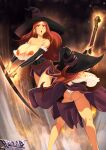  1girl :o arm_warmers artist_name ass bare_shoulders breasts dragon&#039;s_crown dress english_commentary hat highres holding holding_staff large_breasts long_hair multiple_views panties r-e-l-o-a-d red_eyes red_hair signature sorceress_(dragon&#039;s_crown) staff strapless strapless_dress thighs underwear v-shaped_eyebrows vanillaware watermark white_panties witch witch_hat 