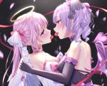  absurdres angel angel_and_devil angel_wings blush cherry demon demon_girl demon_wings elbow_gloves food fruit gloves grabbing halo highres holding_another&#039;s_wrist original pink_hair purple_eyes purple_hair sharing_food twintails wings yuri yuyuko_(yuyucocco) 