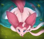  2021 anthro blue_eyes blue_pawpads dated eeveelution eyelashes female fur generation_6_pokemon glistening glistening_eyes grass hi_res isyld looking_at_viewer nintendo nude outside partially_submerged pawpads pink_body pink_ears pink_fur plant pokemon pokemon_(species) red_tongue solo sylveon tongue tongue_out video_games white_body white_fur 
