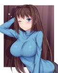  1girl aozaki_aoko arm_behind_head bangs blue_eyes blue_sweater blush border breasts brown_hair closed_mouth commentary_request hair_intakes highres large_breasts long_hair long_sleeves looking_at_viewer mahou_tsukai_no_yoru one_eye_closed outside_border ribbed_sweater solo soukitsu sweater turtleneck turtleneck_sweater twitter_username very_long_hair white_border 