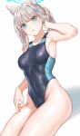  1girl animal_ears arm_up armpits bare_arms bare_shoulders black_one-piece_swimsuit blue_archive blue_eyes breasts collarbone competition_swimsuit covered_navel earrings extra_ears fangxiang_cuoluan hair_ornament hairclip halo highleg highleg_swimsuit highres jewelry long_hair looking_at_viewer medium_breasts mismatched_pupils one-piece_swimsuit parted_lips ponytail shiroko_(blue_archive) shiroko_(swimsuit)_(blue_archive) sidelocks simple_background solo stud_earrings swimsuit thighs wet white_background white_hair 