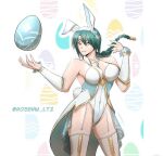  1girl alternate_costume animal_ears artist_name bangs bare_shoulders bracer braid braided_ponytail breasts choker circlet cleavage coattails cosplay cowboy_shot easter_egg egg fire_emblem fire_emblem_heroes garter_straps gem gold_trim green_hair hair_ornament jewelry large_breasts leotard lips loki_(fire_emblem) loki_(fire_emblem)_(cosplay) long_hair looking_at_viewer mature_female playboy_bunny plunging_neckline rabbit_ears rosenw_ltz see-through simple_background single_braid smile solo thick_thighs thighhighs thighs thorr_(fire_emblem) yellow_eyes 