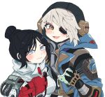  2girls apex_legends bangs black_hair black_headwear blue_jacket blush breasts brown_eyes brown_eyeshadow deep_current_wattson eyepatch grey_eyes grey_hair grey_jacket grey_shirt hair_behind_ear hair_bun holding holding_mask jacket jaggy_lines looking_to_the_side mask mask_removed medium_breasts multiple_girls official_alternate_costume one_eye_covered parted_bangs quarantine_722_wraith riku_(ururi7610) shirt simple_background single_hair_bun smile wattson_(apex_legends) white_background wraith_(apex_legends) 