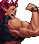  1girl absurdres ali_(sotcho) bead_bracelet beads biceps black_horns bracelet crop_top dark-skinned_female dark_skin earrings high_ponytail highres horns jewelry looking_at_viewer muscular muscular_female open_mouth original pointy_ears red_hair slit_pupils smile solo sotcho white_background yellow_eyes 