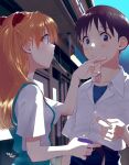  1boy 1girl blue_eyes blue_shirt blush breasts closed_mouth headgear holding holding_spoon ikari_shinji interface_headset medium_breasts neon_genesis_evangelion orange_hair school_uniform shirt souryuu_asuka_langley spoon tokyo-3_middle_school_uniform yogurt yubi_kamii 