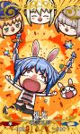  absurdres artoria_caster_(fate) artoria_pendragon_(fate) blonde_hair blue_hair bob_cut bow braid card carrot_hair_ornament chaldea_uniform character_request cosplay explosion fate/grand_order fate_(series) food-themed_hair_ornament fujimaru_ritsuka_(female) fujimaru_ritsuka_(female)_(cosplay) green_eyes grey_hair hair_bow hair_ornament hat highres hololive multicolored_hair nabenabe3104 nousagi_(usada_pekora) red_eyes riyo_(lyomsnpmp)_(style) saint_quartz_(fate) summon_ticket_(fate) tears translation_request twin_braids two-tone_hair usada_pekora virtual_youtuber white_hair 