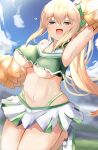  1girl absurdres bimmy blonde_hair blue_eyes blush breasts cheerleader green_panties green_skirt hair_between_eyes highres long_hair looking_at_viewer neptune_(series) panties ponytail short_sleeves skirt smile solo sweat underboob underwear vert_(neptune_series) 