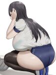  1girl ass bangs black_hair black_thighhighs blue_buruma bra_visible_through_clothes breasts brown_eyes buruma gym_shirt highres huge_breasts long_hair oekakizuki original shirt short_sleeves simple_background solo squatting thighhighs volleyball white_background white_shirt 