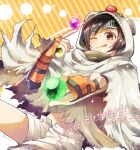  1girl animal_hood arm_guards asymmetrical_bangs ball bangs black_hair brown_eyes cloak cowboy_shot dated final_fantasy final_fantasy_vii final_fantasy_vii_remake fingerless_gloves gloves happy_birthday headband holding holding_ball hood hood_up hooded_cloak jo_ro_ri looking_at_viewer materia midriff moogle navel one_eye_closed orange_background orange_gloves outstretched_hand short_hair short_shorts shorts smile solo sparkle tongue tongue_out torn_cloak torn_clothes twitter_username unbuttoned_shorts white_cloak white_shorts yuffie_kisaragi 