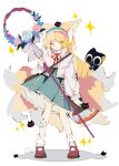  1girl animal_ears ankle_cuffs arknights black_cat blonde_hair blue_hairband blue_skirt cardigan cat cloudless923 fox_ears fox_girl fox_tail frilled_hairband frills hair_down hairband highres holding holding_staff kitsune long_hair long_sleeves looking_at_viewer luoxiaohei multicolored_hair multiple_tails neck official_alternate_costume open_cardigan open_clothes red_footwear red_ribbon ribbon shirt shoes simple_background skirt solo sparkle staff standing streaked_hair suzuran_(arknights) suzuran_(spring_praise)_(arknights) tail the_legend_of_luo_xiaohei white_background white_cardigan white_hair white_shirt 