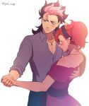  1boy 1girl arm_around_back bare_shoulders black_hairband blue_eyes blush breasts brown_hair collared_shirt cowboy_shot dancing dress gesl_nsgp grey_shirt guel_jeturk gundam gundam_suisei_no_majo hair_between_eyes hairband hand_on_another&#039;s_back highres holding_hands jewelry long_hair long_sleeves medium_breasts mole mole_under_eye mullet multicolored_hair necklace off-shoulder_dress off_shoulder parted_lips pink_hair ponytail red_dress red_hair shirt short_sleeves sleeves_rolled_up suletta_mercury thick_eyebrows tiara twitter_username two-tone_hair white_background 