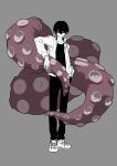  1boy black_hair black_pants chainsaw_man full_body grey_background greyscale_with_colored_background hand_in_pocket highres jacket looking_at_viewer mole mole_under_mouth octopus_devil_(chainsaw_man) pants short_hair simple_background smile solo_focus standing tentacles white_jacket ym_yoshiya yoshida_hirofumi 