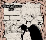  1boy bandage_over_one_eye basket cape costume halloween happy_halloween holding holding_basket mad_father official_art robin_(mad_father) seeen short_hair smile solo vampire_costume 