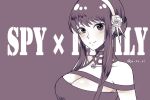  1girl bangs bare_shoulders blush breasts brown_background brown_dress brown_eyes brown_hair cleavage dress flower hair_flower hair_ornament hair_up hairband jo_ro_ri large_breasts looking_at_viewer monochrome pendant_choker sidelocks smile solo spy_x_family twitter_username upper_body yor_briar 