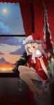  1girl arm_support ascot back_bow bangs bare_legs barefoot bed blonde_hair blush bow canopy_bed closed_mouth cloud crystal curtains diffraction_spikes expressionless flandre_scarlet flat_chest frilled_shirt_collar frills full_body full_moon gradient_sky hair_between_eyes hat hat_bow highres indoors lips looking_at_viewer medium_hair mob_cap moon night petticoat puffy_short_sleeves puffy_sleeves red_bow red_eyes red_skirt red_vest shirt short_sleeves shshs_budai sitting skirt skirt_set sky solo sun sunset touhou vest white_bow white_headwear white_shirt window wings yellow_ascot 