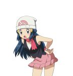  1girl :o beanie black_shirt blush commentary_request cowboy_shot dawn_(pokemon) eyelashes grey_eyes hair_ornament hairclip hands_on_hips hat leaning_forward long_hair looking_at_viewer open_mouth pokemon pokemon_(game) pokemon_dppt raised_eyebrows scarf shirt skirt sleeveless sleeveless_shirt solo suitenan tongue transparent_background white_headwear 