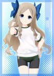  1girl alternate_costume asakaze_(kancolle) bangs bike_shorts bike_shorts_under_buruma black_shorts blue_background blue_bow blue_eyes bow buruma character_name cowboy_shot forehead green_buruma gym_shirt gym_uniform highres inaba_shiki kantai_collection light_brown_hair long_hair parted_bangs polka_dot polka_dot_background shirt shorts sidelocks solo t-shirt wavy_hair white_shirt 