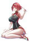  1girl absurdres bangs bare_legs black_one-piece_swimsuit blush breasts commentary competition_swimsuit covered_navel earrings full_body highres jewelry lap_pillow_invitation large_breasts looking_at_viewer mimikaki one-piece_swimsuit pyra_(pro_swimmer)_(xenoblade) pyra_(xenoblade) red_eyes red_footwear red_hair red_one-piece_swimsuit sitting solo swept_bangs swimsuit taro_(peach_taro51) tiara two-tone_swimsuit wariza xenoblade_chronicles_(series) xenoblade_chronicles_2 