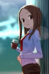  1girl bangs brown_eyes brown_hair business_suit coffee_cup cup disposable_cup forehead formal highres karakai_jouzu_no_(moto)_takagi-san karakai_jouzu_no_takagi-san looking_at_viewer neckerchief office_lady parted_bangs red_neckerchief solo suit tagagi_likelove takagi-san 