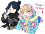  2girls animification apex_legends bangs belt black_bodysuit black_gloves black_hair blonde_hair blue_eyes blue_gloves blue_jacket bodysuit breasts brown_belt electricity eyeshadow gloves hair_bun holding holding_knife hood hood_down hooded_jacket jacket jaggy_lines kawaii_voltage_wattson knife kunai looking_at_viewer makeup medium_breasts multiple_girls official_alternate_costume parted_bangs pink_bodysuit pink_eyeshadow riku_(ururi7610) single_hair_bun star_(symbol) upper_body v-shaped_eyebrows wattson_(apex_legends) weapon white_background wraith_(apex_legends) 