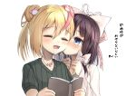  2girls absurdres arm_up black_hair blue_eyes blush book check_translation clenched_hand clenched_hands closed_eyes highres hiragana holding holding_book kiss kissing_cheek multicolored_hair multiple_girls original smile translation_request wanashi_tam white_background yuri 